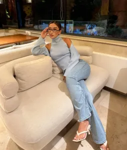Women light blue turtleneck knit sweater set elegant long sleeve two piece outfit