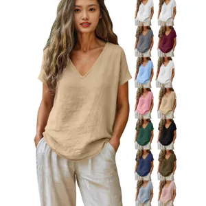 Women's Casual V-Neck Short Sleeve T-Shirt Loose Basic Solid Color Pullover Top
