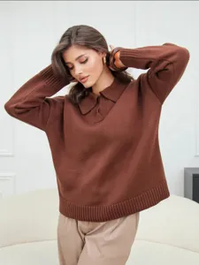 Brauner Damen Strickpullover mit Polokragen, langarm, casual oversized Pullover.