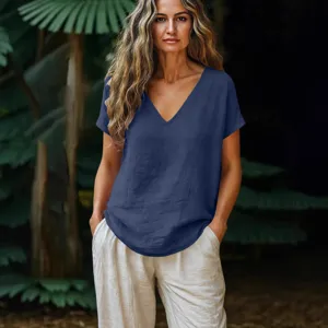 Women casual loose cotton linen short sleeve V-neck top summer basic solid color t-shirt