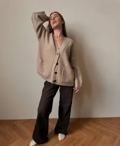 Casual knit cardigan detail view, V-neck design with buttons, cozy and warm apparel style.