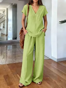 Summer casual two-piece set, solid color short sleeve V-neck top and wide leg pants.
