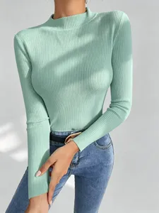 Mint green ribbed knit sweater detail, slim fit mock neck long sleeve top for women fashion.