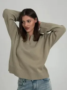 Jersey de punto casual para mujer con cuello de solapa y manga larga, estilo cómodo.