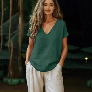 Casual women's cotton linen V-neck short sleeve top loose summer fashion t-shirt.