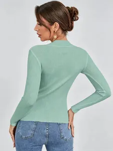 Light green ribbed knit sweater for women, slim fit long sleeve basic pullover top.