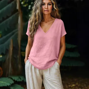 Women casual loose short sleeve V-neck linen top, comfortable summer daily pullover shirt.