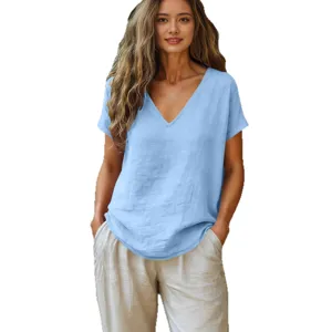 Casual loose cotton linen short sleeve V-neck womens top summer solid color pullover t-shirt