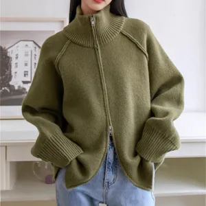 Women's Casual Knit Sweater Coat Fall Winter Solid Color Long Sleeve Mock Neck Full Zip Up Knitted Cardigan Outerwear Top
