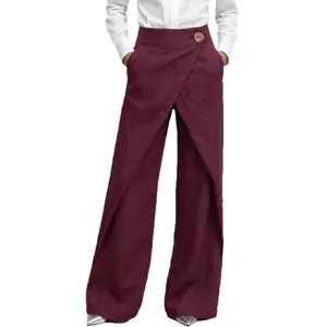 Weinrote High Waist Damen-Hose weites Bein Wickeldesign Baumwolle Leinen Hose elegant