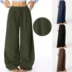 Women's Casual High Waist Corduroy Wide Leg Pants Loose Draping Drawstring Long Trousers Fashion Streetwear