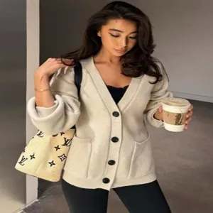 Women beige V-neck knit cardigan cozy oversized button-up sweater coat for daily autumn winter wear