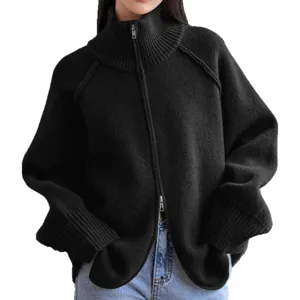 Black zip up knit cardigan sweater for women, cozy loose turtleneck casual outerwear.