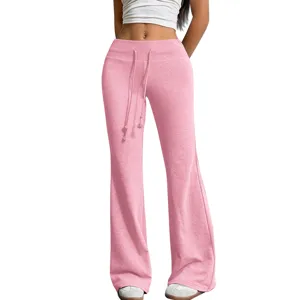 Women High Waisted Drawstring Flared Pants Casual Solid Color Wide Leg Trousers Polyester Spandex Fall Fashion Yoga Bottoms