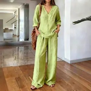 Casual green V-neck long sleeve top and wide leg pants linen two-piece spring set for women.