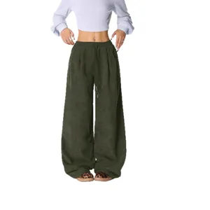 Women High Waist Corduroy Wide Leg Pants Casual Loose Drawstring Trousers Green New