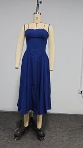 Blue strapless midi dress detail showcasing the fitted bodice and pleated skirt design.