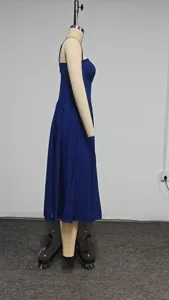 Blue strapless maxi dress featuring a fitted waist design, elegant and stylish for summer.