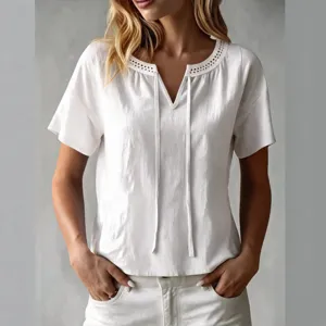 Women Casual Bamboo Cotton V-Neck T-Shirt Short Sleeve Loose Fit Lace Trim Bow Tie Elegant Summer Top