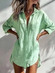 Light green casual button-up long sleeve shirt oversized shirt cover-up for daily wear