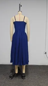 Back view detail of a solid blue spaghetti strap midi dress featuring a slim waist cut.