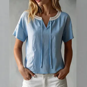Light blue short-sleeve top featuring a white lace V-neckline with delicate ties for women.