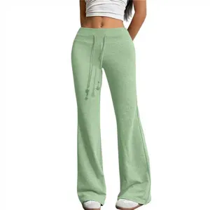 High waist drawstring flare pants for women, trendy sage green casual long trousers.