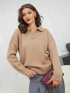 Damen Lässig Strickpullover Herbst Winter Einfarbig Revers Langarm Pullover Top