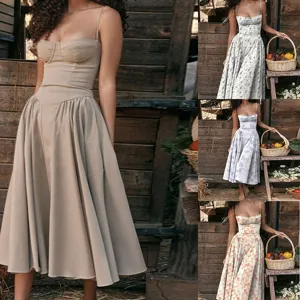 Women's vintage bustier corset midi dress with floral and solid color options for summer.