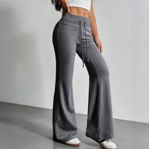 Detailed view of high-waisted casual flare sweatpants with adjustable drawstring waistband.