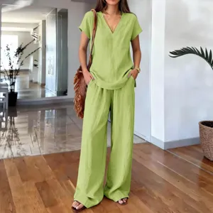 Women's Summer Casual Solid Color Two Piece Set V Neck Short Sleeve Top And Wide Leg Pants Set Polyester Soft Breathable Vintage Style Outfit