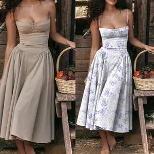 Women sexy strapless camisole midi dress high waist floral print casual summer wear detail