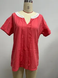 Women summer casual coral red short sleeve V-neck blouse with white lace trim and tie strings.