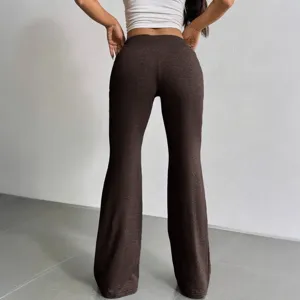 Women brown high waist flare pants casual long trousers solid color streetwear apparel