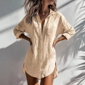Casual oversized long sleeve button down shirt for women, solid color beach cover up cardigan.
