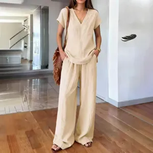 Summer casual solid color V-neck short sleeve top and wide leg pants women clothing set main