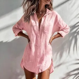 Casual solid pink long sleeve lapel button down shirt dress and beach cover up for women.