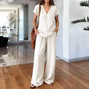 Summer casual solid color V-neck short sleeve top and wide leg trousers two-piece set for women