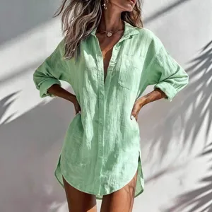 Casual light green oversized button down shirt, long sleeve beach cover up top for women new.