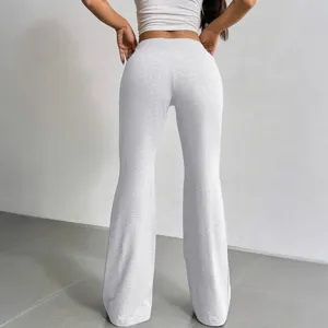 Women high waist casual flared long trousers in light grey, elegant slim fit back view detail.