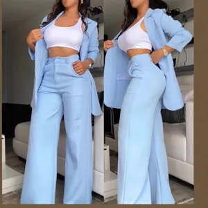 Costume Élégant Décontracté pour Femme Couleur Unie Manches Longues Blazer à Revers et Pantalon Droit