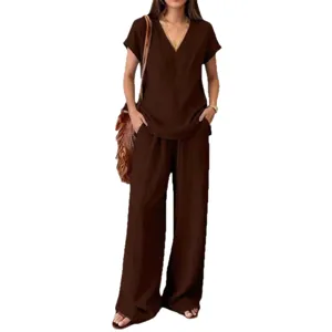 Summer solid color women's two piece set V neck short sleeve top and wide leg pants main view