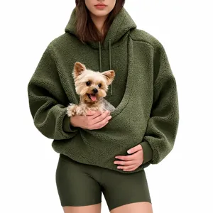 Green fleece pet hoodie with kangaroo pocket for small dogs and cats, cozy winter pullover.