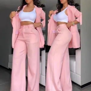Ensemble de costume rose pour femme ete elegante blazer a revers et pantalon droit