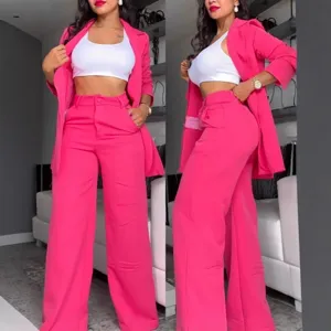Ensemble blazer et pantalon rose avec top court blanc pour femmes mode été élégante
