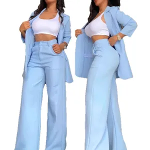 Ensemble blazer bleu clair et pantalon large femme elegante chic tendance 2025