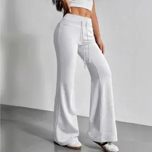 High waist drawstring flare pants for women, casual gray bell bottom trousers, main view.