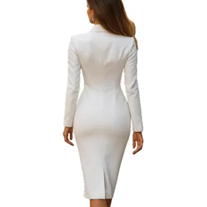 Elegant long sleeve blazer dress for women, slim fit solid white professional wear.