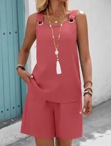 Ensemble chic deux pièces uni sans manches col rond haut et short pour femme style estival.