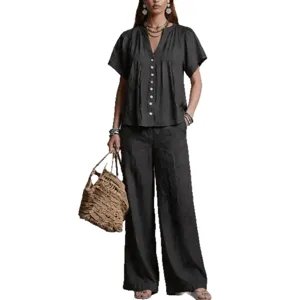 Women casual linen blend short sleeve button down top and wide leg pants matching lounge set